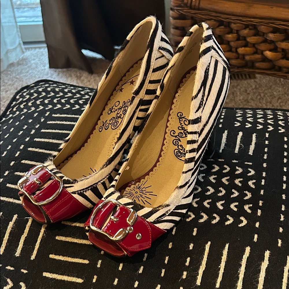 Naughty Monkey Furry Zebra Print Heels with Red Accents 7.5